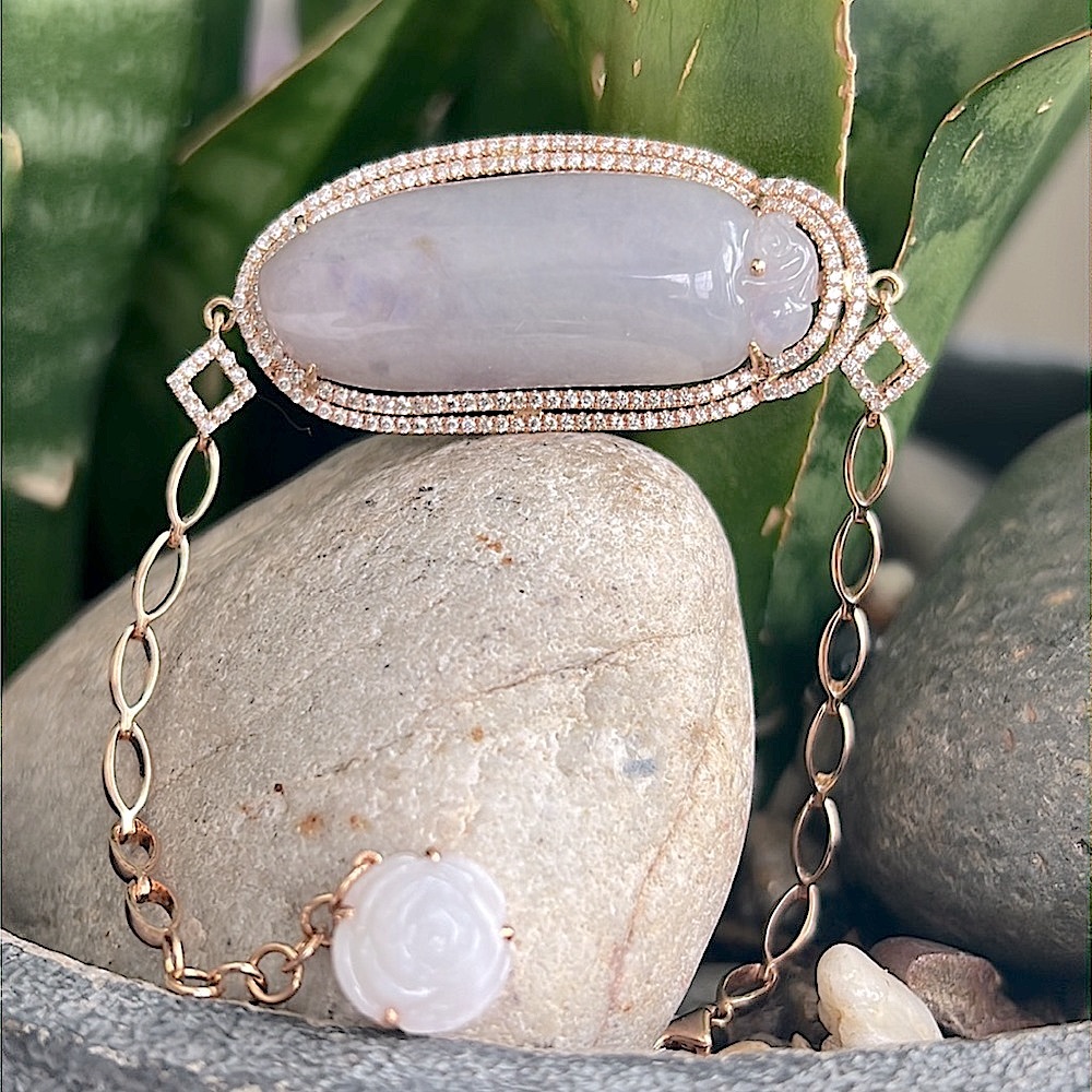 18. Karat rose, gold, diamond, and jade bracelet. - Picture 5 of 13